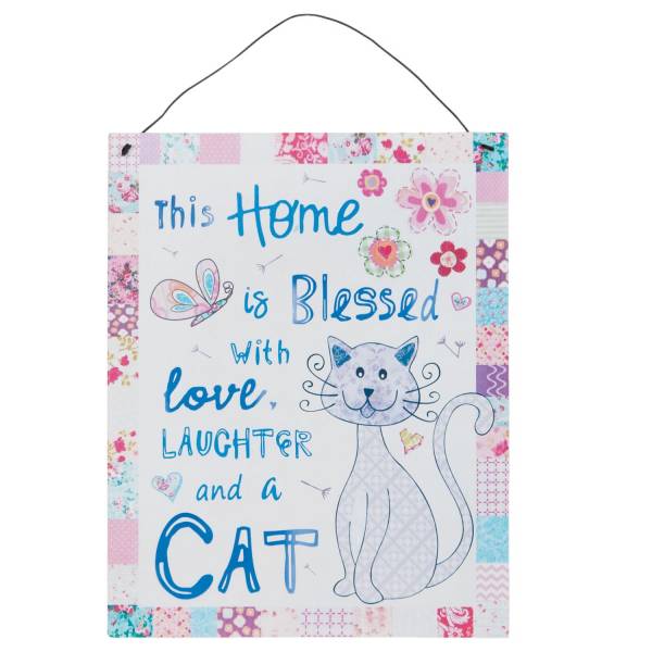 Textschild Blechschild *This Home is Blessed with Love Laughter and a Cat* Katze Herz lila blau rosa pink 6Y1824 Gundi's Quilt Heaven