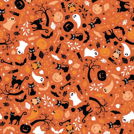 Baumwollstoff Orange Cats & Ghosts Halloween Maywood Studio