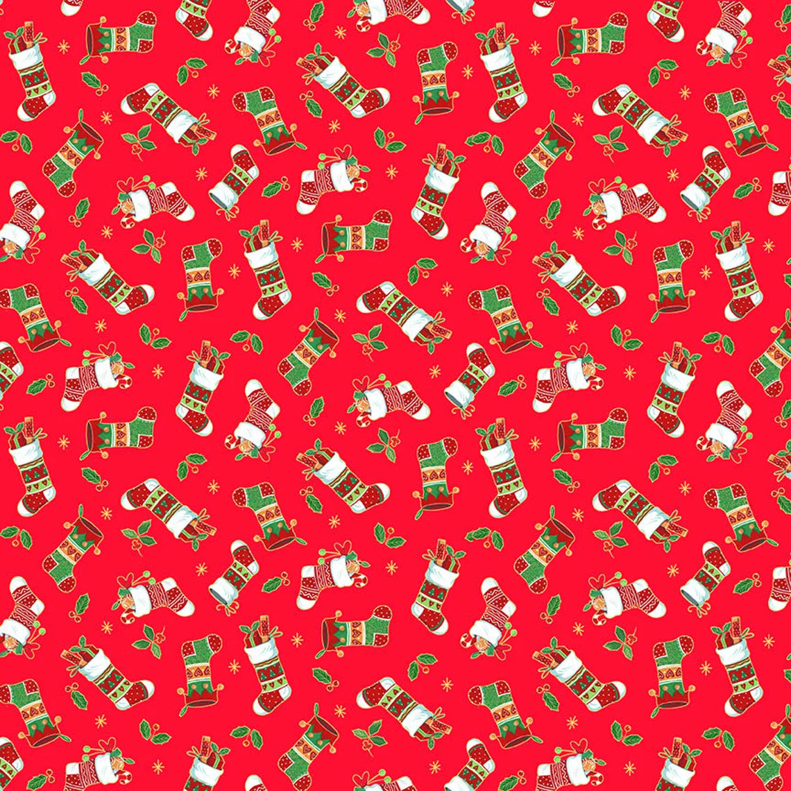 Baumwollstoff Merry Christmas Stockings Red