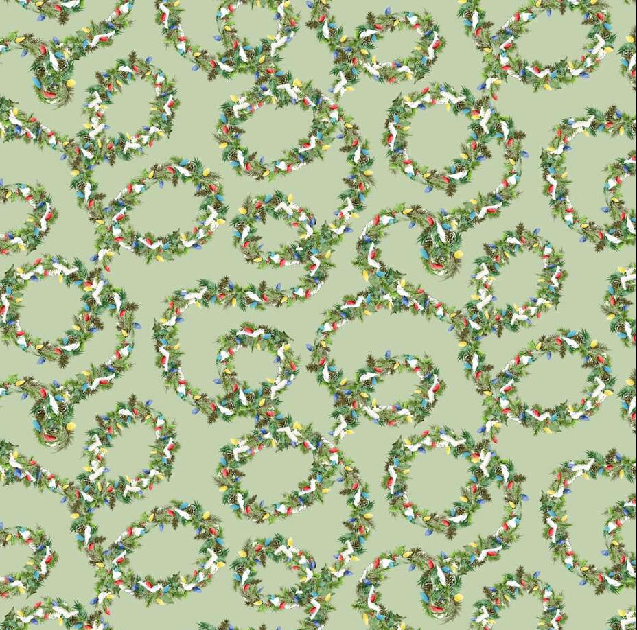 Baumwollstoff Winter Village Pine Garland Green