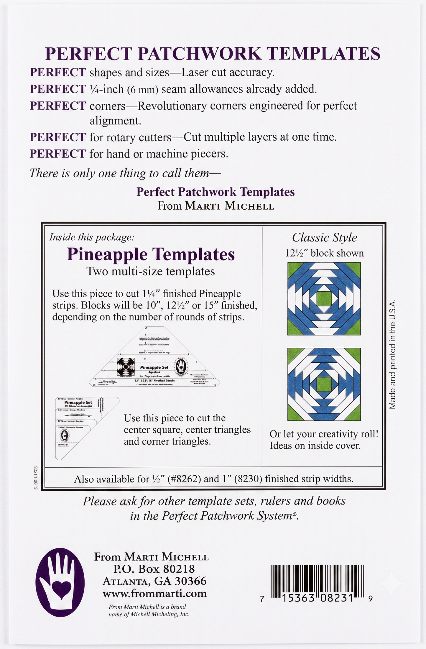 Pineapple 1 1/4" Strip Patchwork Templates Marti Michell