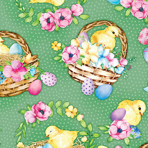 Baumwollstoff Springtime Chicks Green Benartex