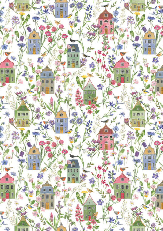 Baumwollstoff Häuser und Blüten Acufactum