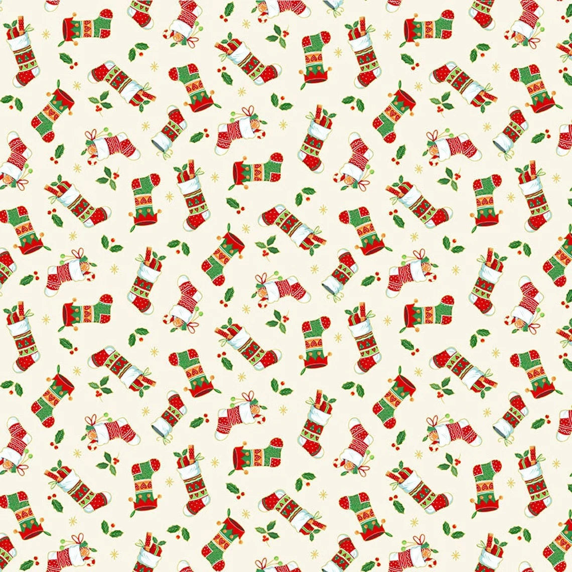 Baumwollstoff Merry Christmas Stockings Creme