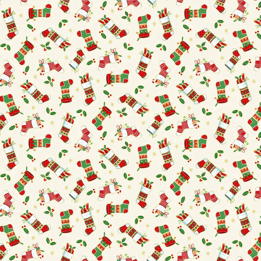 Baumwollstoff Merry Christmas Stockings Creme