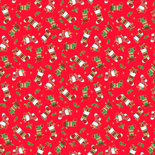 Baumwollstoff Merry Christmas Stockings Red