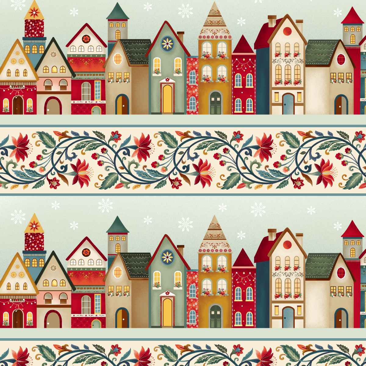 Baumwollstoff Nordic Holiday Village House Border Stripe Henry Glass & Co.