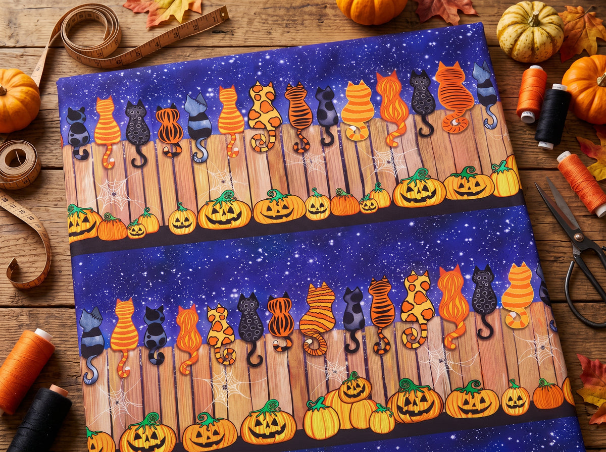 Baumwollstoff Spooky Cats On A Fence