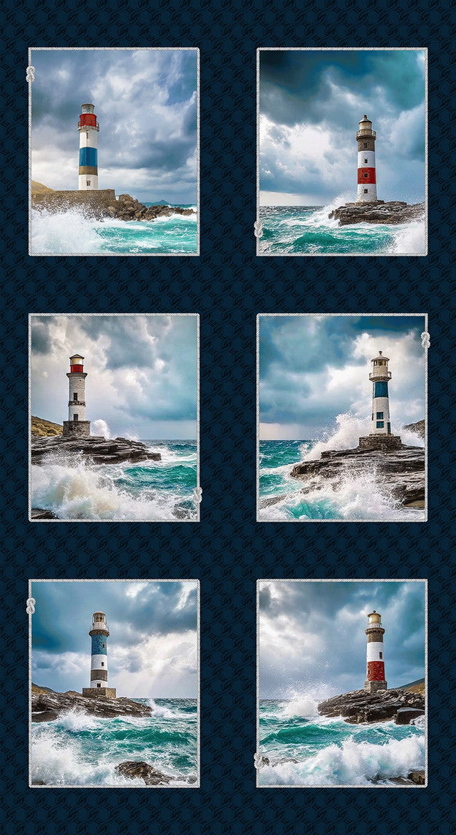 Panel Coastal Guardians Blue / Multi Lighthouse Blocks Henry Glass & Co.