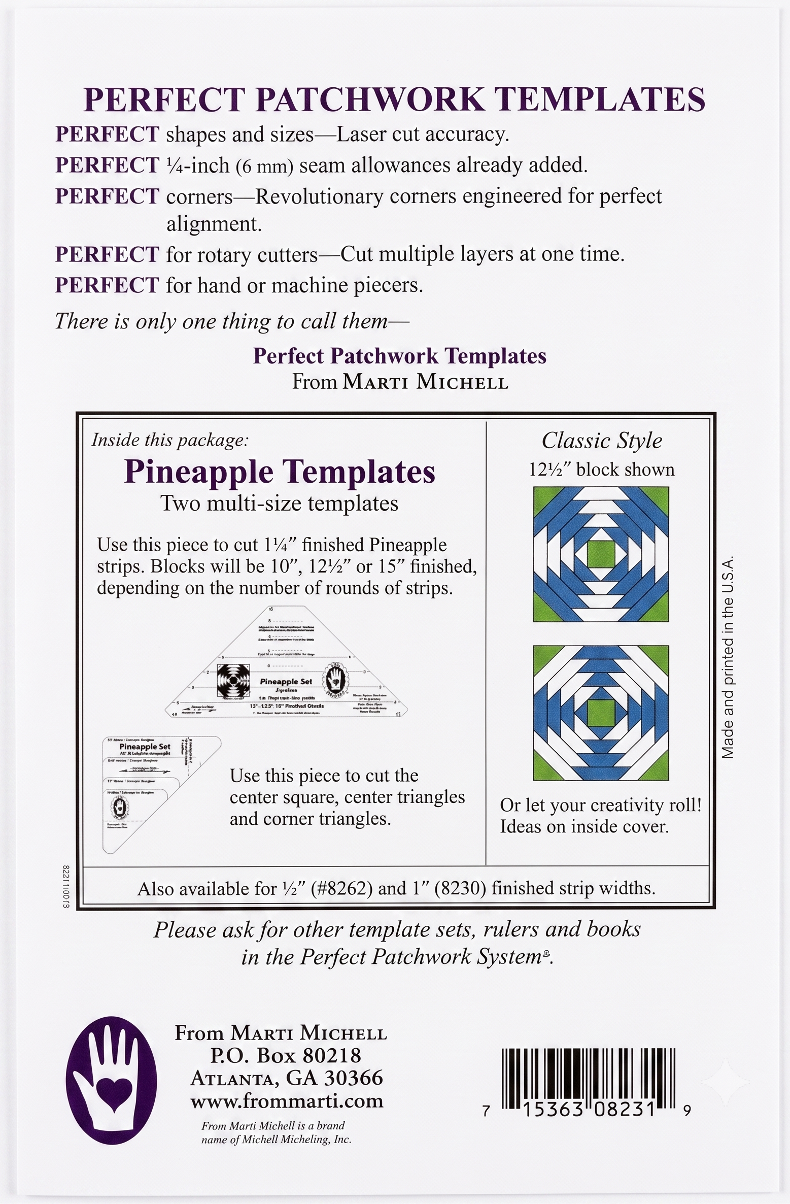 Pineapple 1 1/4" Strip Patchwork Templates Marti Michell