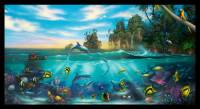 Baumwollstoff Patchworkstoff *Paradise Found* Panel 60 x 110 cm Meer Küste Delphine Fische Horizont blau schwarz gelb weiß ES-6106