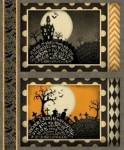 Baumwollstoff Patchworkstoff Panel 30 x 110 cm *Come sit a spell* Halloween Geisterschloss Fledermaus Mond Friedhof schwarz creme gelb WP Csas